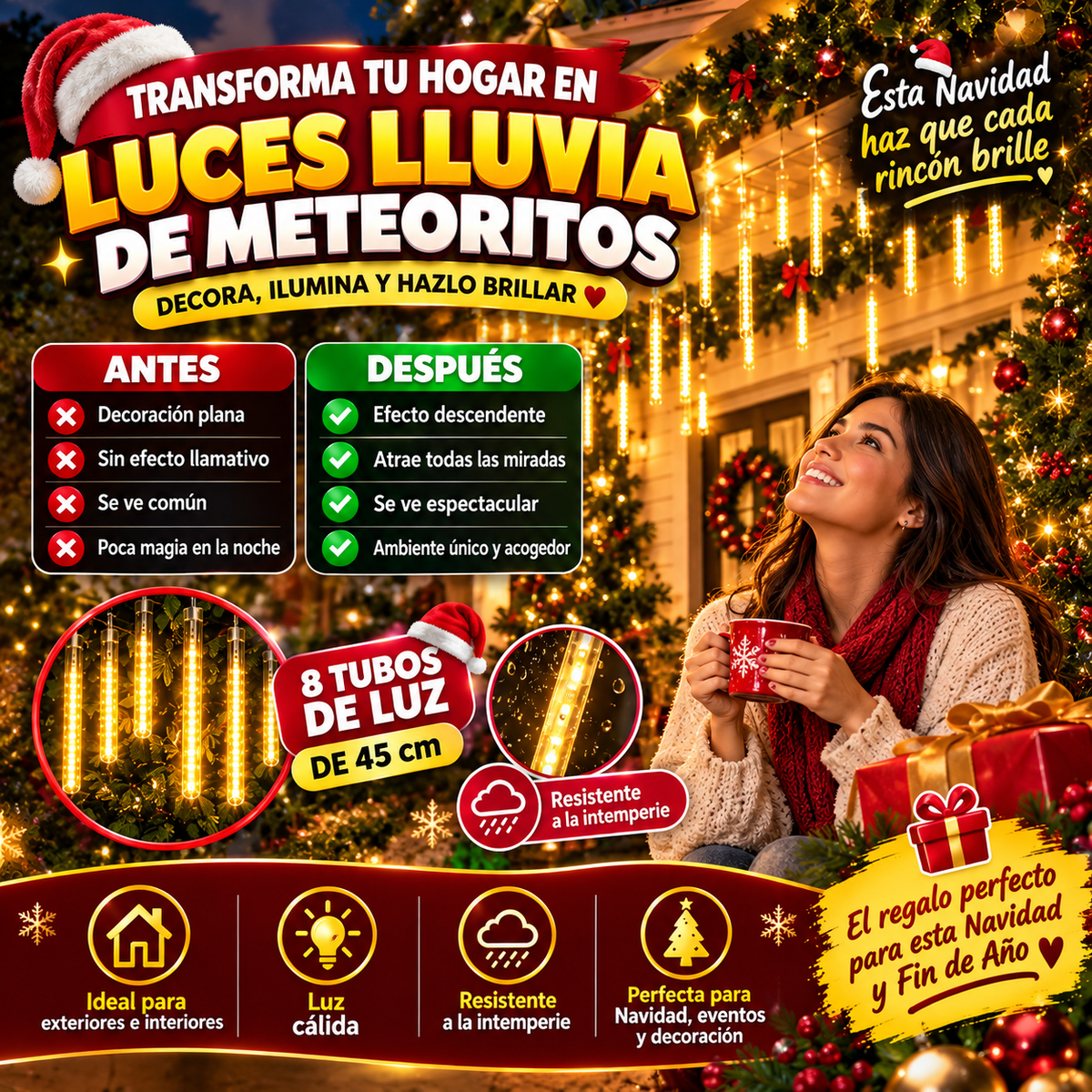 Luces cálidas tipo lluvia de meteoritos — Haz que tu decoración destaque con un efecto descendente